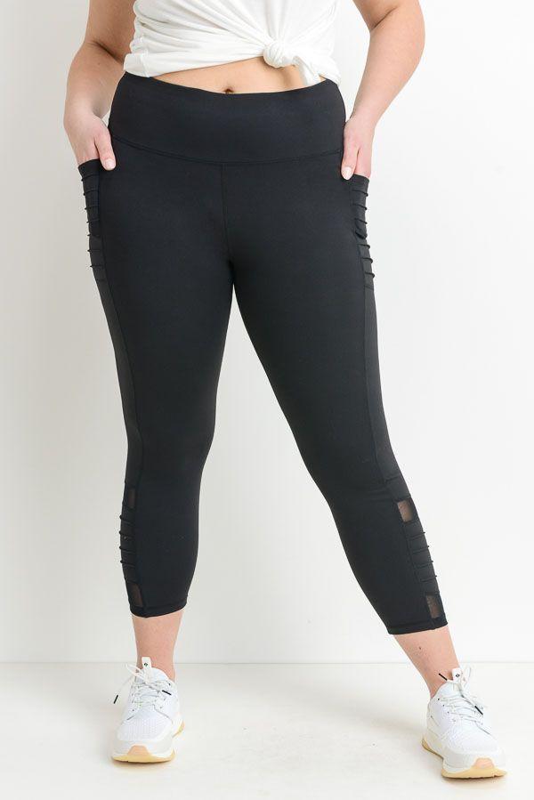 Highwaist Moto Ribbed Full Leggings with Mesh Leggings and Pockets