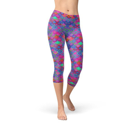 Womens Purple Pink Mermaid Capri Leggings